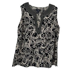 Saint Tropez West Linen Top Womens Size 1X Black Sleeveless V Neck Embroidered